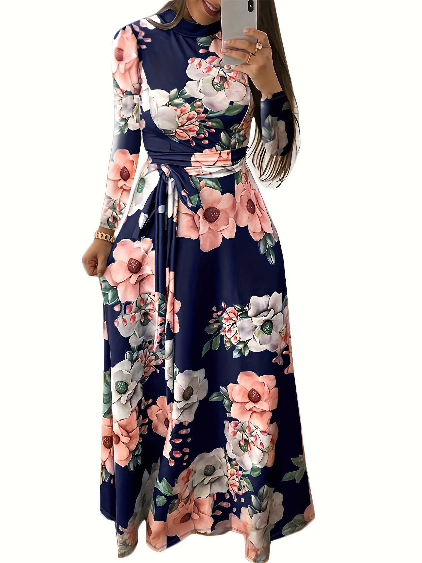 Retro Floral Print Dress Long Sleeve Casual