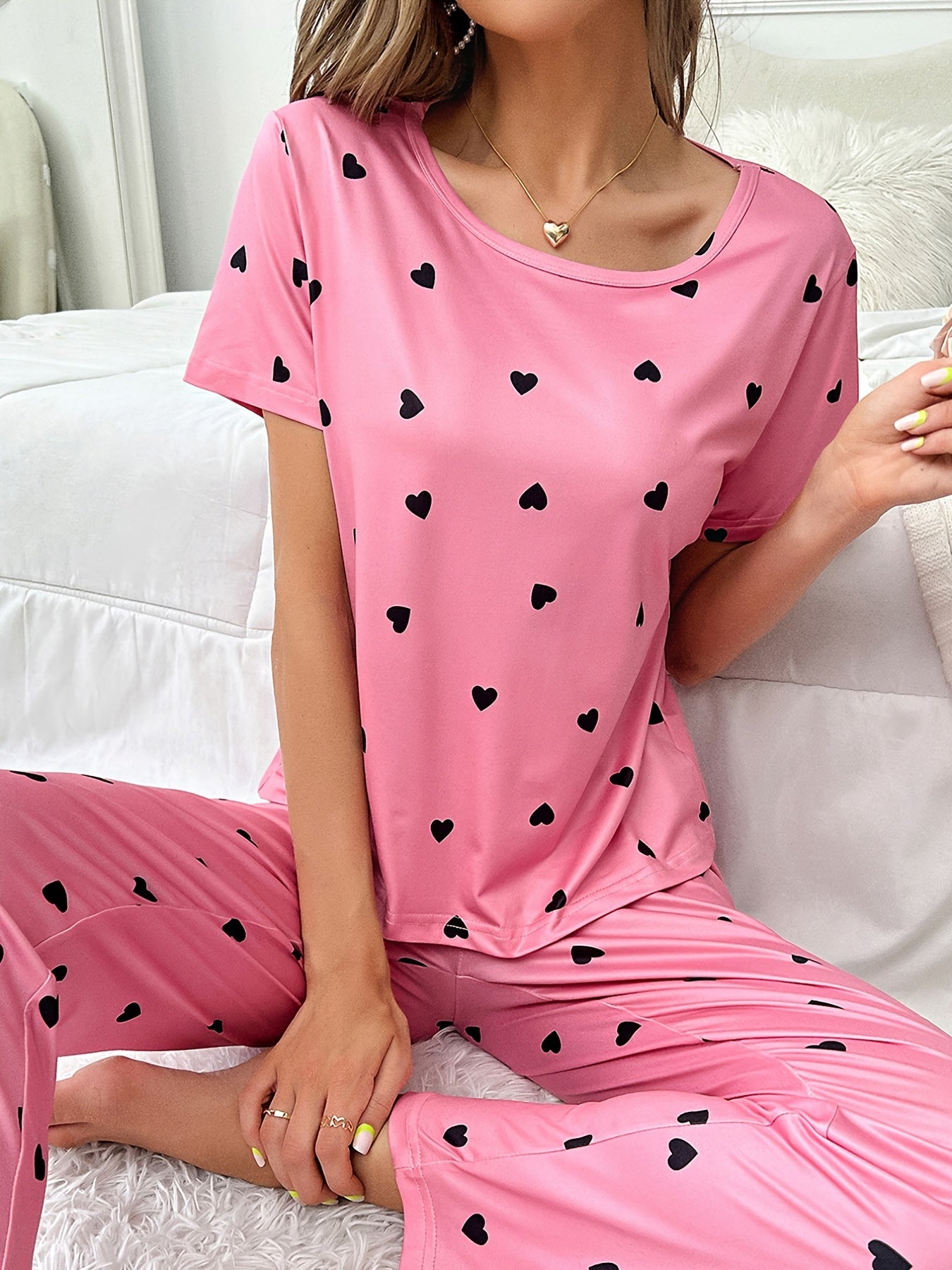 Heart Print Short Sleeve Pajama Set
