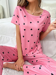 Heart Print Short Sleeve Pajama Set