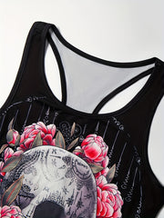 Flower & Skull Print Tank Top Sleeveless Summer Top