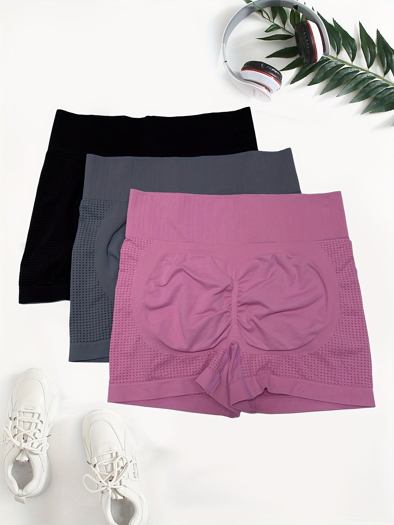 3-Pack Plus Size Sports Shorts Set High Rise Stretchy Biker Shorts 3pcs Set
