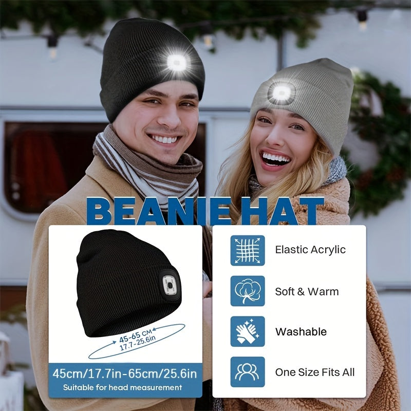 USB Rechargeable LED Beanie Hat - Hands-Free Winter Knitted Night Light Cap