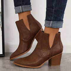 Women's Snakeskin Ankle Boots V cut Stacked Heels