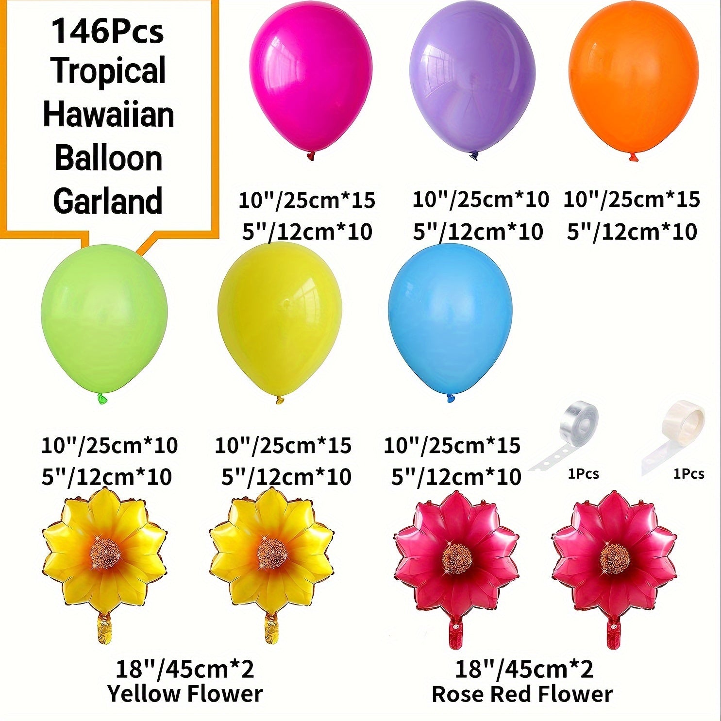 146pcs Tropical Hawaiian Balloon Garland Arch Kit Pink Orange Rainbow Balloons