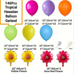 146pcs Tropical Hawaiian Balloon Garland Arch Kit Pink Orange Rainbow Balloons