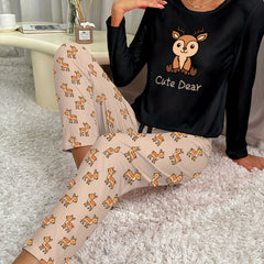 Cartoon Deer Print Pajama Set Long Sleeve Top & Pants