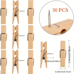 30pcs Wooden Clips Push Pins School Supplies Foam Boards Painting Tool