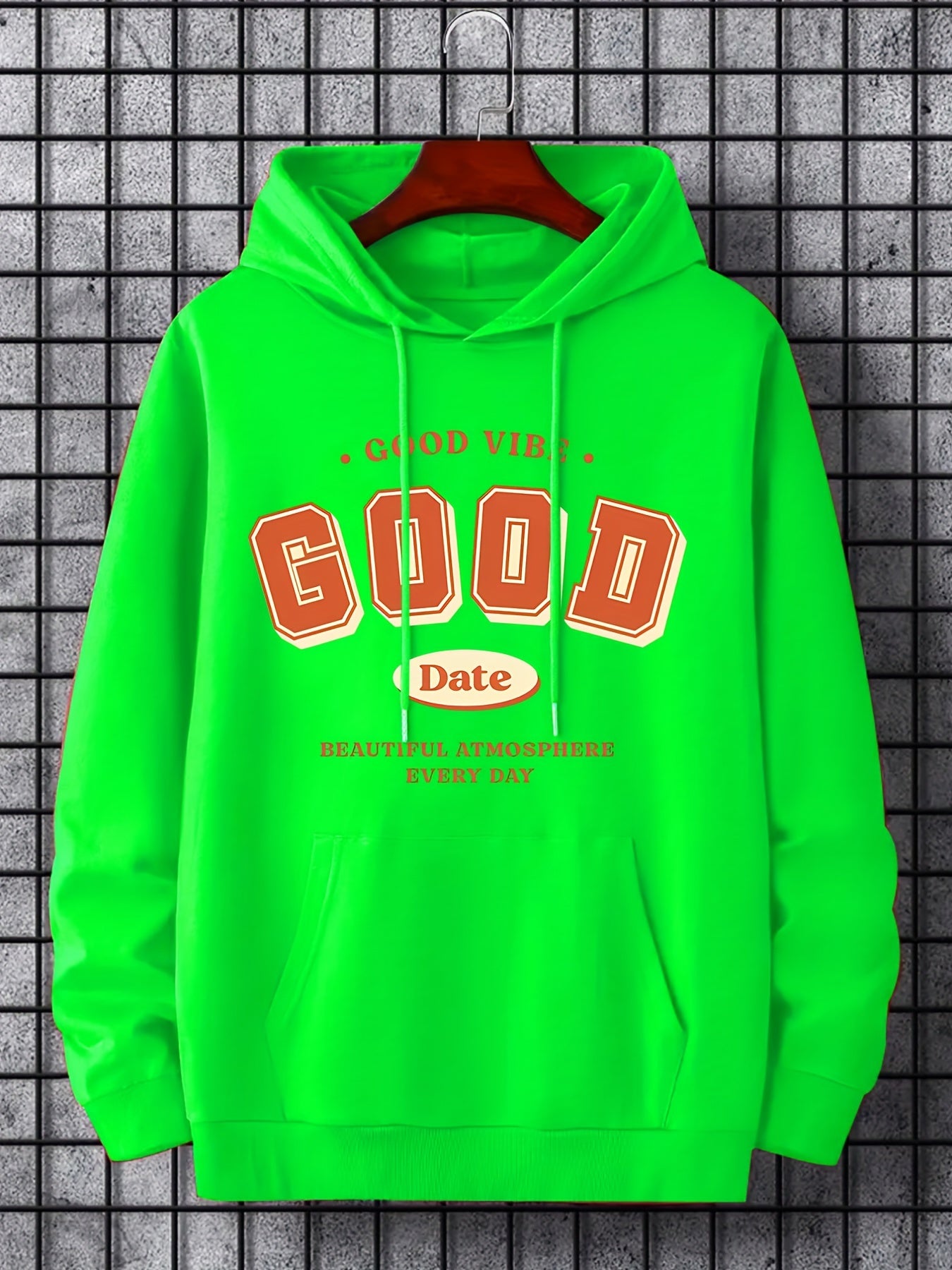 Men's Good Date Print Hoodie Casual Breathable Drawstring Hooded Sweatshirt