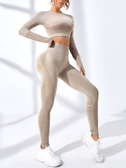 2pcs Women's Workout Set Long Sleeve Sports Tee and High Stretch Leggings