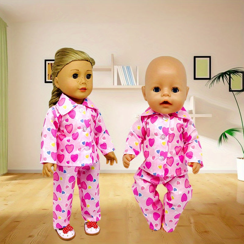 Pink Heart Print Pajamas Set for 18" American Doll with Matching Shoes