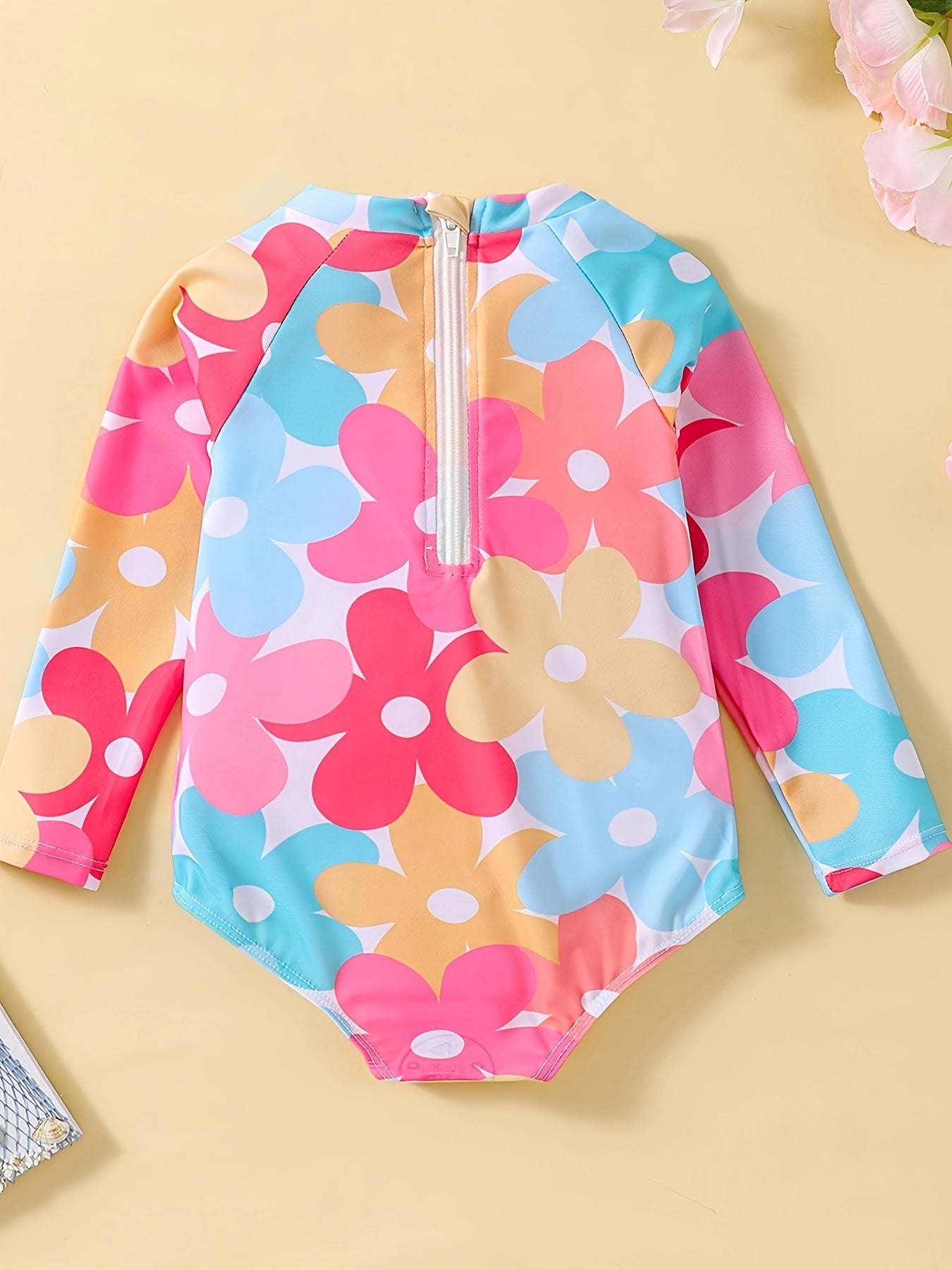 Toddler Girls Flower Graphic Half Zip Long Sleeve Swimsuit