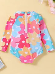 Toddler Girls Flower Graphic Half Zip Long Sleeve Swimsuit