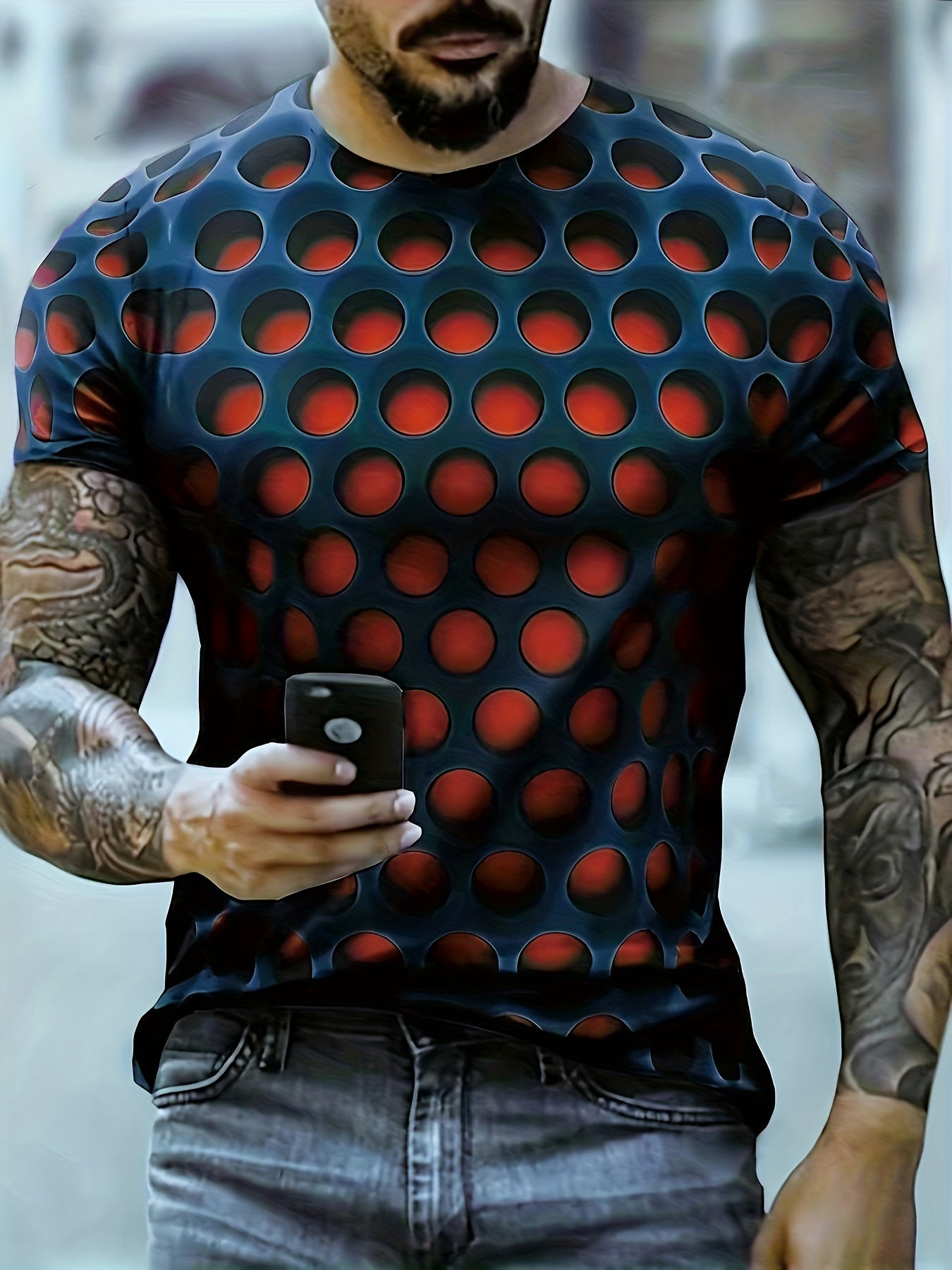 3D Dense Hole Pattern Vision Illusion Graphic Tee for Men