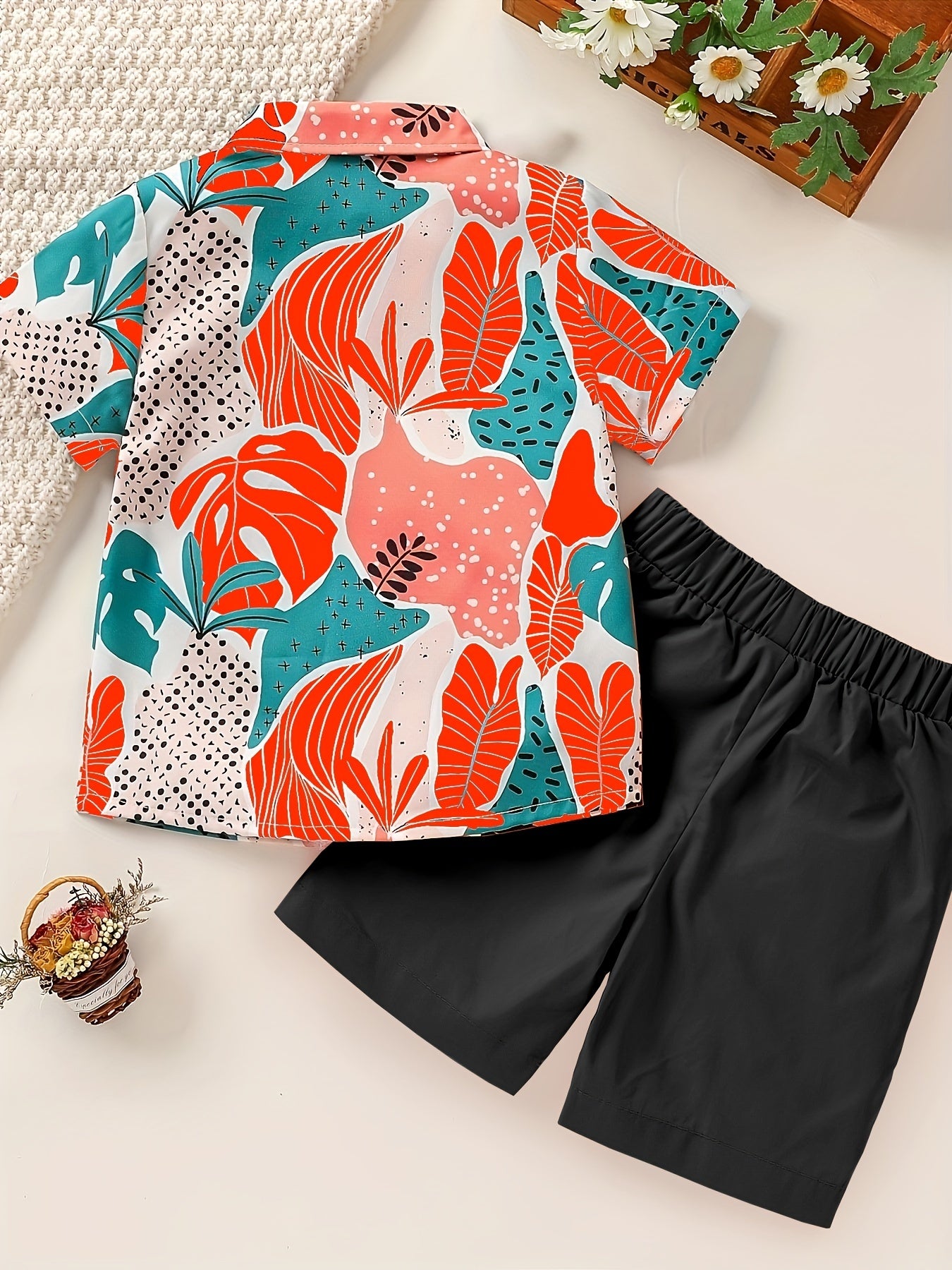 Boys Leaf Outfit Shorts & Shirt Short Sleeves Button Down