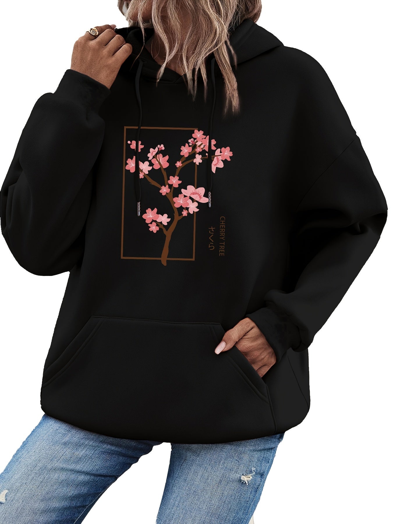 Cherry Tree Print Kangaroo Pocket Hoodie Women's Sweatshirt