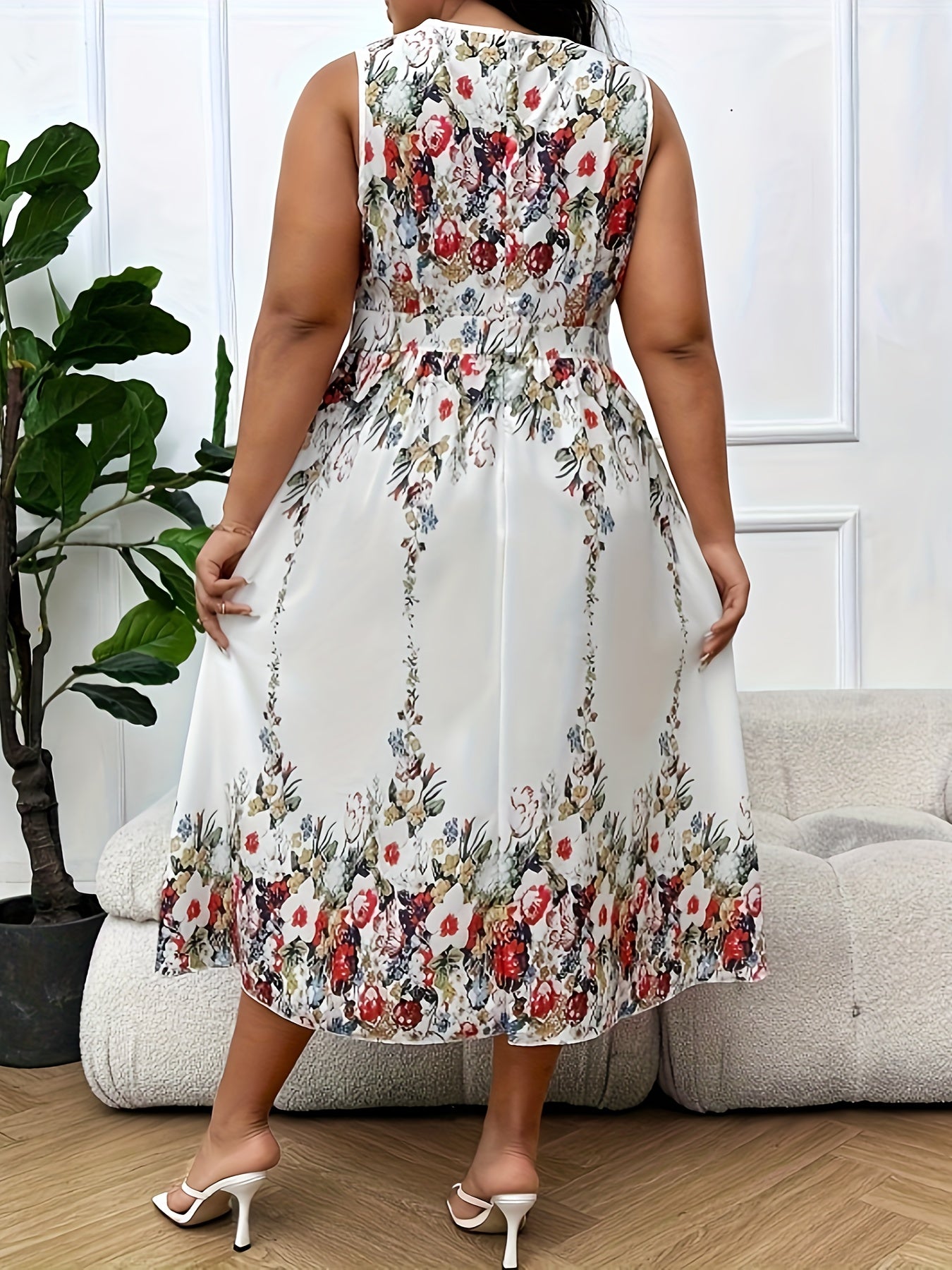 Plus Floral Print Surplice Neck Midi Tank Dress