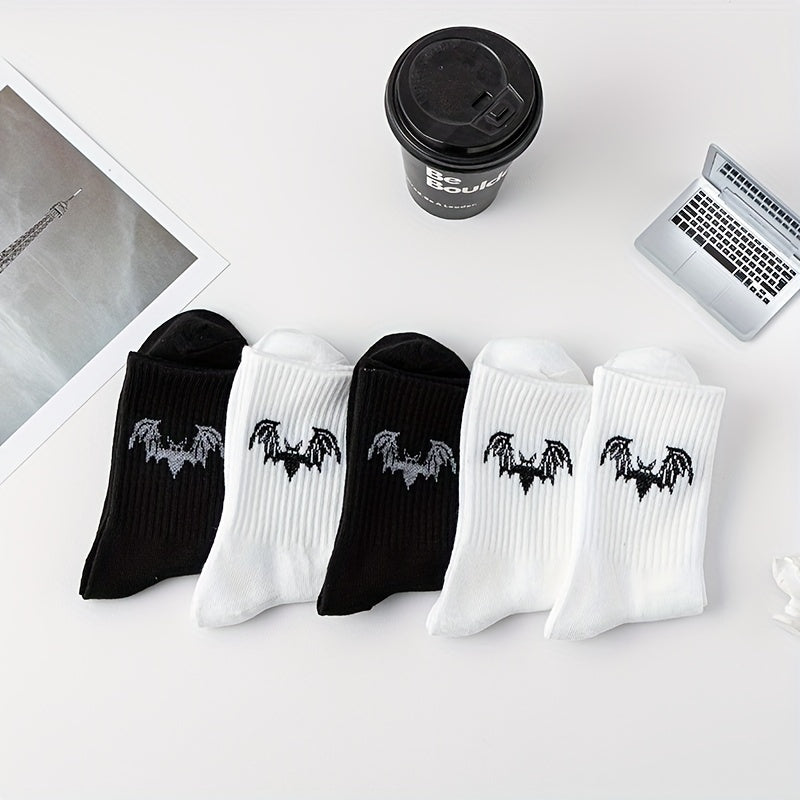 5 Pairs Bat Print Socks Halloween Crew Socks Women's Stockings & Hosiery