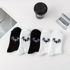 5 Pairs Bat Print Socks Halloween Crew Socks Women's Stockings & Hosiery