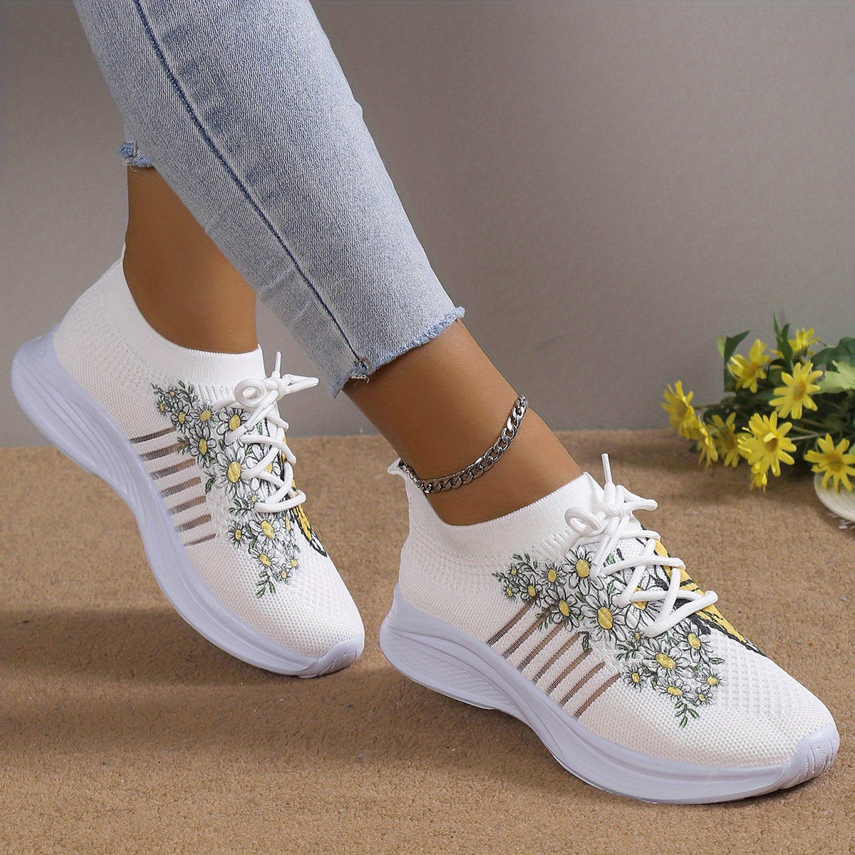 Floral & Butterfly Sneaker Flatform Lace-Up Low Shoes