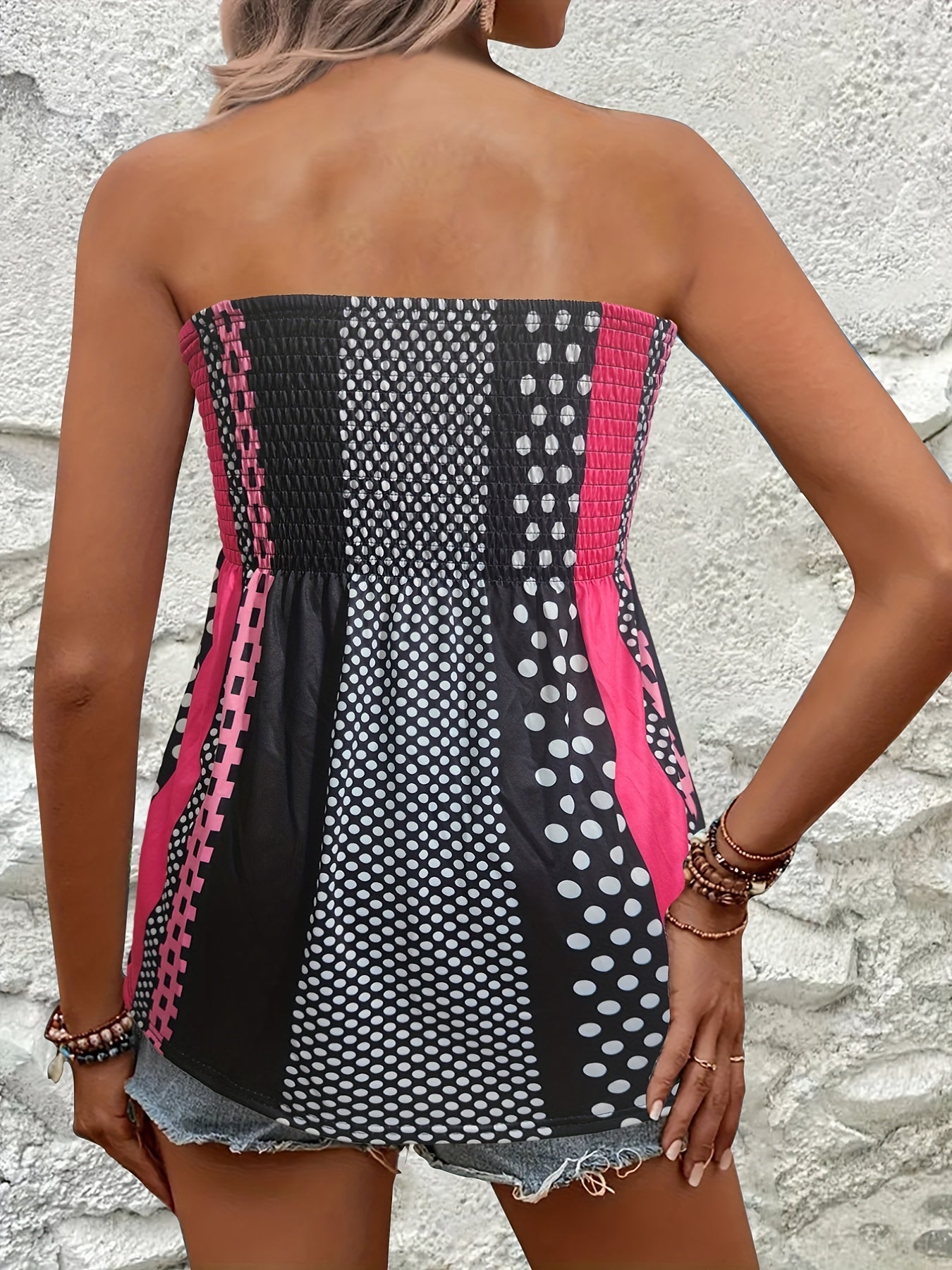 Colorblock Shirred Tube Top Geometric Print Sleeveless Top