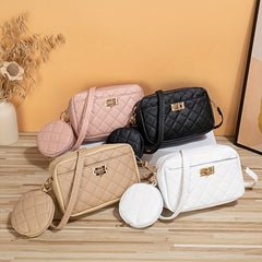 Quilted Shoulder Bag Faux Leather Crossbody Bag Zipper Turn Lock