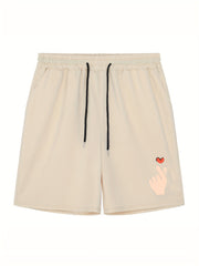 Men's Love Gesture Print Workout Shorts Breathable Drawstring Sports Shorts
