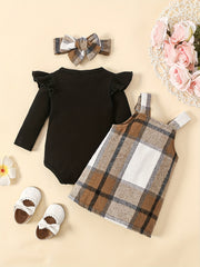 Baby Girls Cotton Ribbed Flutter Sleeve Bodysuit Plaid Suspender Skirt Set