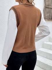 Sleeveless V Neck Sweater Vest with Contrast Trim