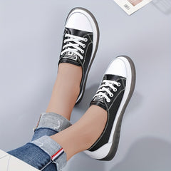 Women's Lace Up Flat Sneakers Low Top Shoes Soft Sole Faux Leather