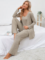 Ribbed Lounge Set Long Sleeve Cardigan & Tank Top & Lace Up Pants