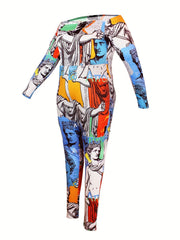 Sexy Jumpsuit Allover Print Off Shoulder Long Sleeve Stretch Jumpsuit