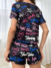 Letter Print Lounge Set Short Sleeve Crew Neck Top & Elastic Waistband Shorts