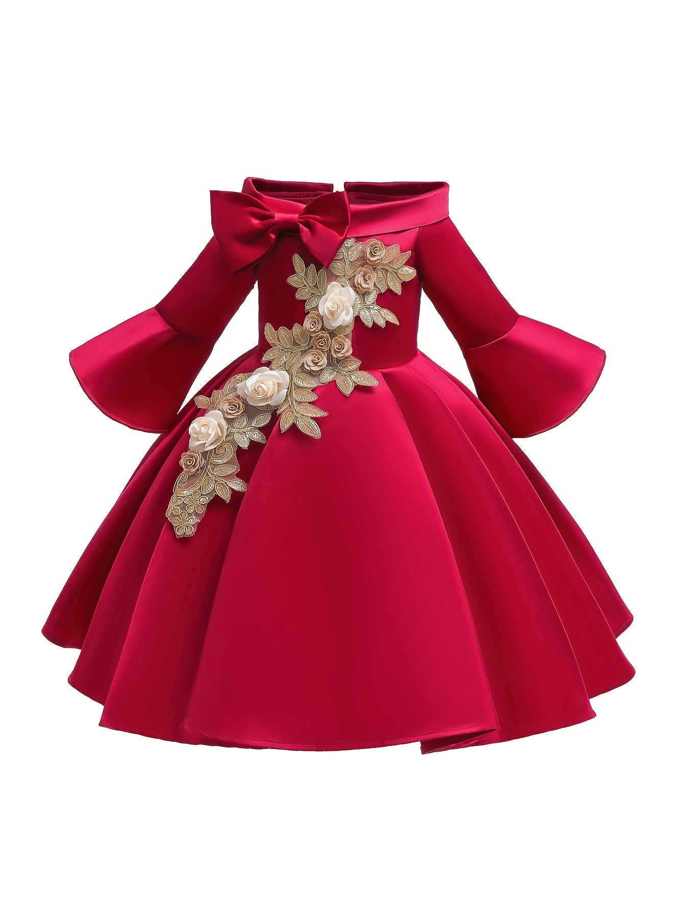 Girls Flower Embroidered Dress Gown One Shoulder Pink