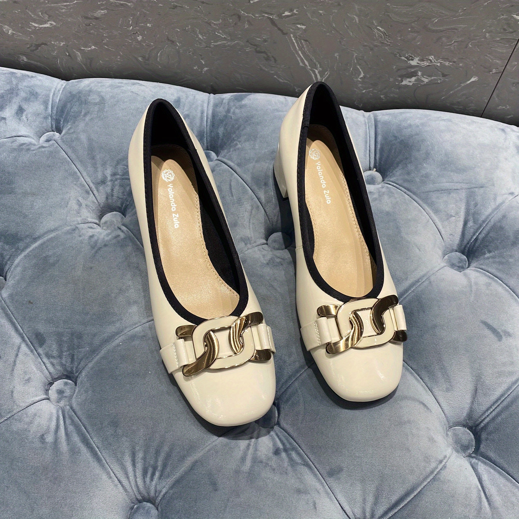 Metallic Chain Decor Slip On Square Toe Chunky Heel Dress Shoes