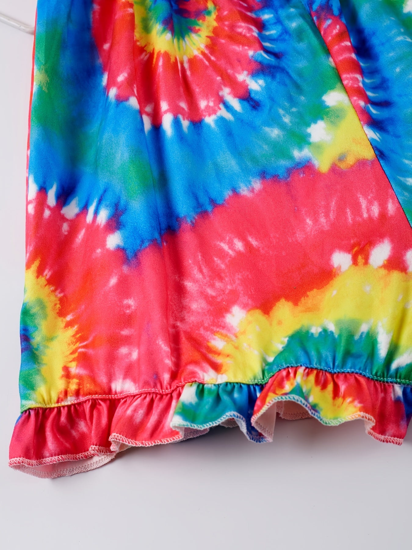 Girls Spiral Tie Dye Ruffle Trim Sleeveless Jumpsuit
