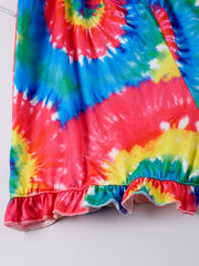 Girls Spiral Tie Dye Ruffle Trim Sleeveless Jumpsuit