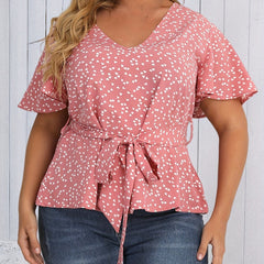 Heart Print Short Sleeve Peplum Top With Belt