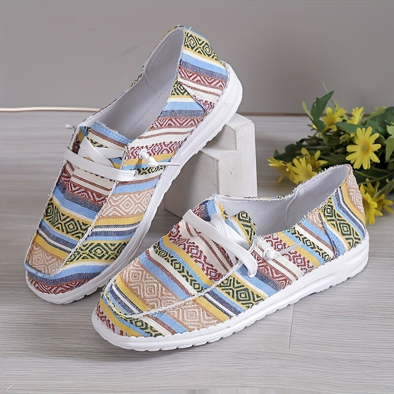 Striped Canvas Lace Up Sneakers Lightweight Comfy Daily Shoes