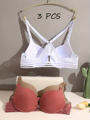 3pcs Lace Push Up Bras Front Buckle Comfy & Breathable Women's Lingerie