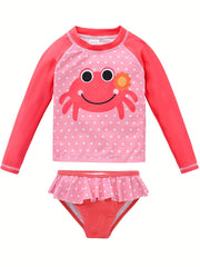 2pcs Girls Crab Print Long Sleeve Swimsuit for Beach and Pool Fun