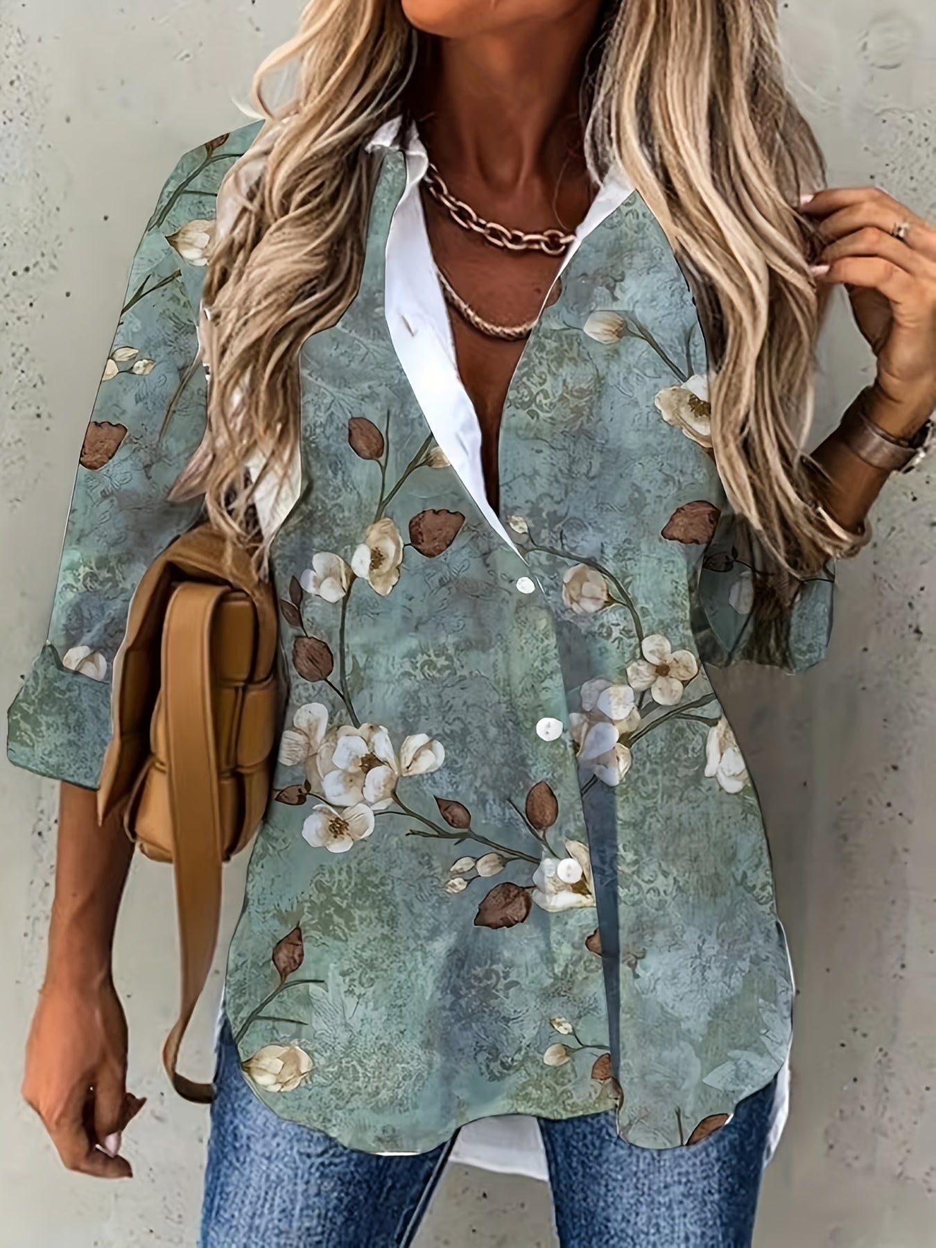 Retro Blouse Women's Plus Floral Print Long Sleeve Shirt