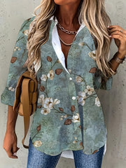Retro Blouse Women's Plus Floral Print Long Sleeve Shirt