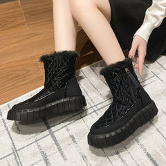 Quilted Argyle Round Toe Snow Boots Faux Fur Lined Thick Sole Ankle Boots