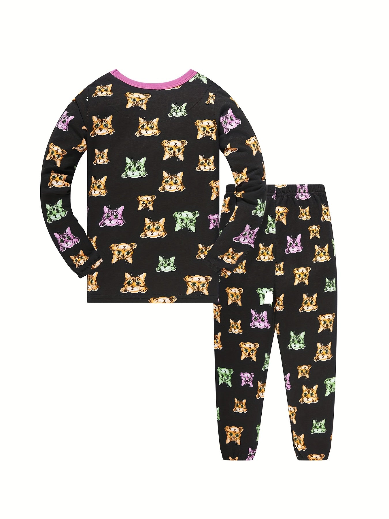 2pcs Toddler Girls Cat Graphic Pajama Set Long Sleeve Top & Pants