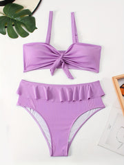 Vacay Bikini Set Solid Knot Front Ruffle Trim Bra & Panty Swimsuit