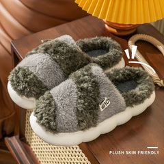 Colorblock Warm Home Slippers Thick Bottom Non-slip Fluffy Slides