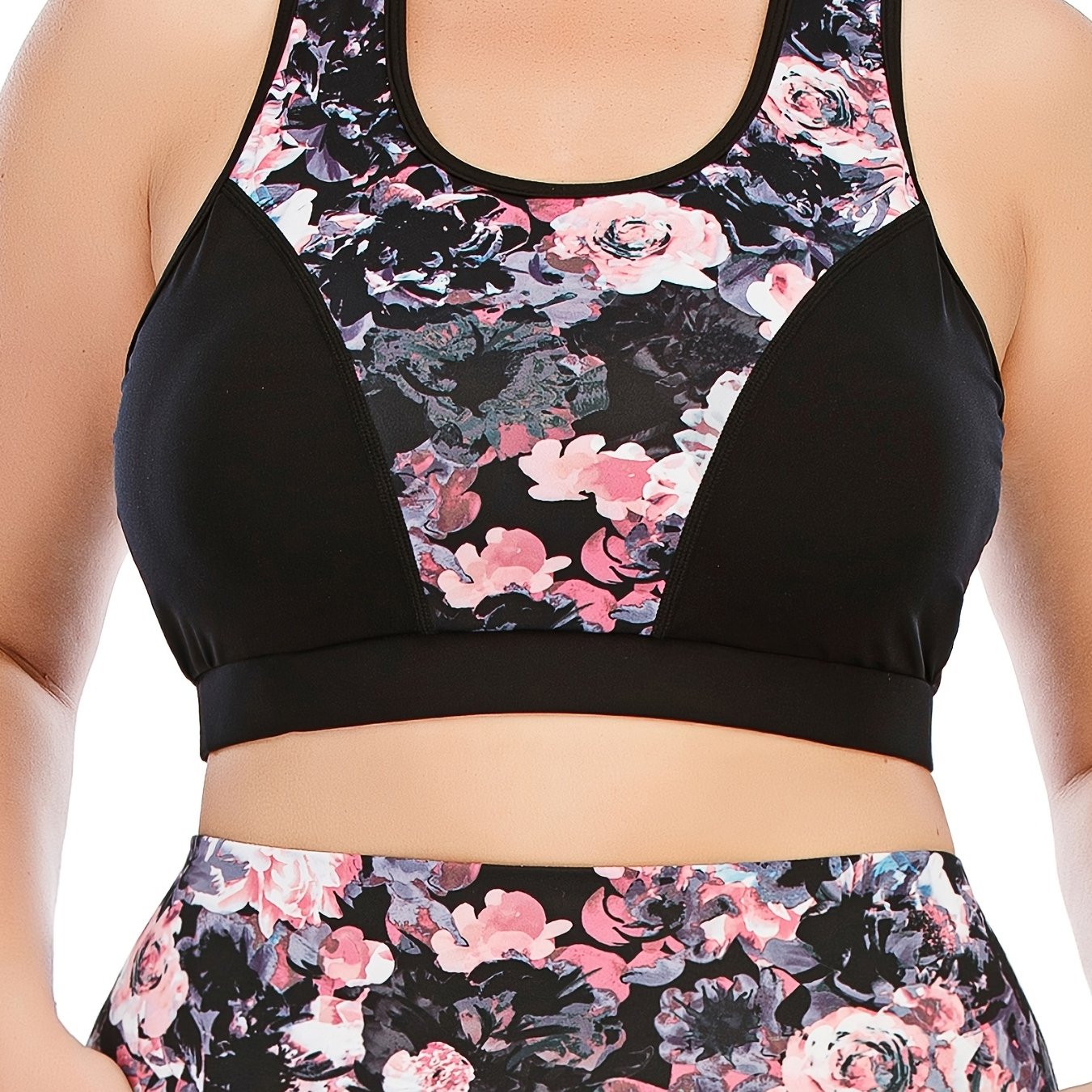 Floral Print Round Neck Yoga Bra Plus Size Comfortable Stretch Fitness Bra