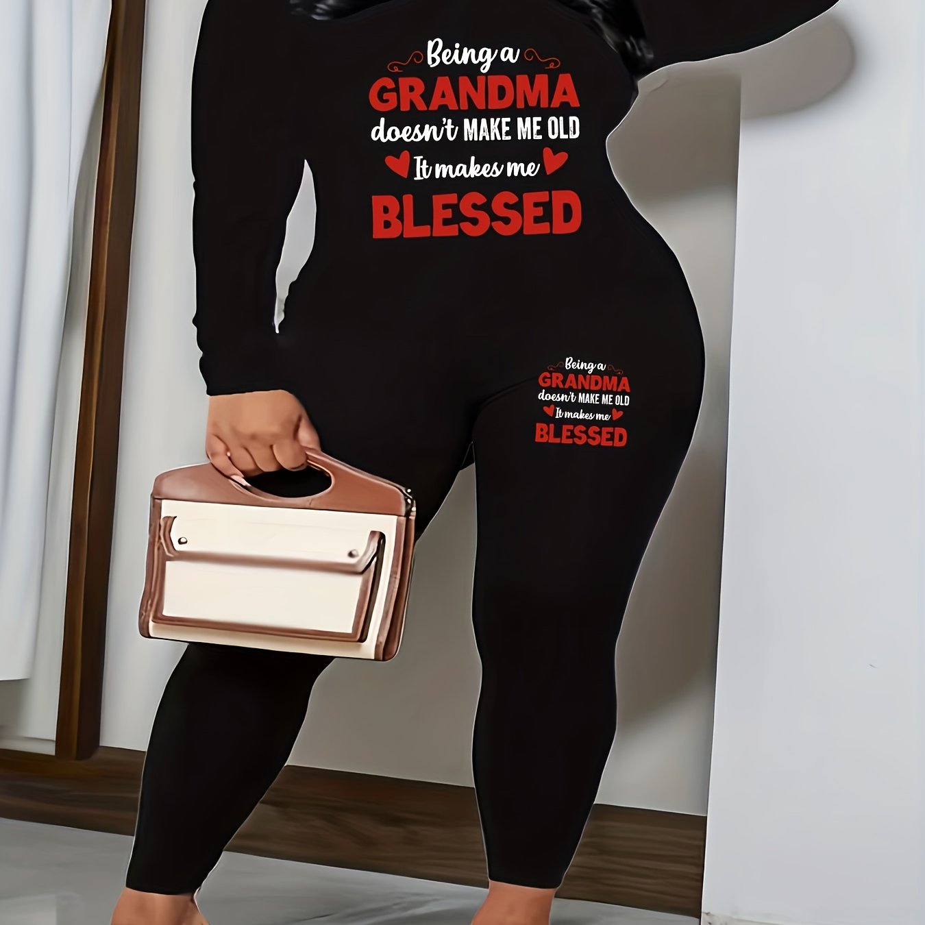 Slogan Print V-Neck Top & Leggings Set