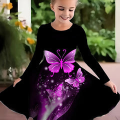Girls 3D Butterfly Dress for Party - Crew Neck Long Sleeve