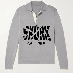 Letter Pattern Knit Polo Men's Sweater V Neck Pullover